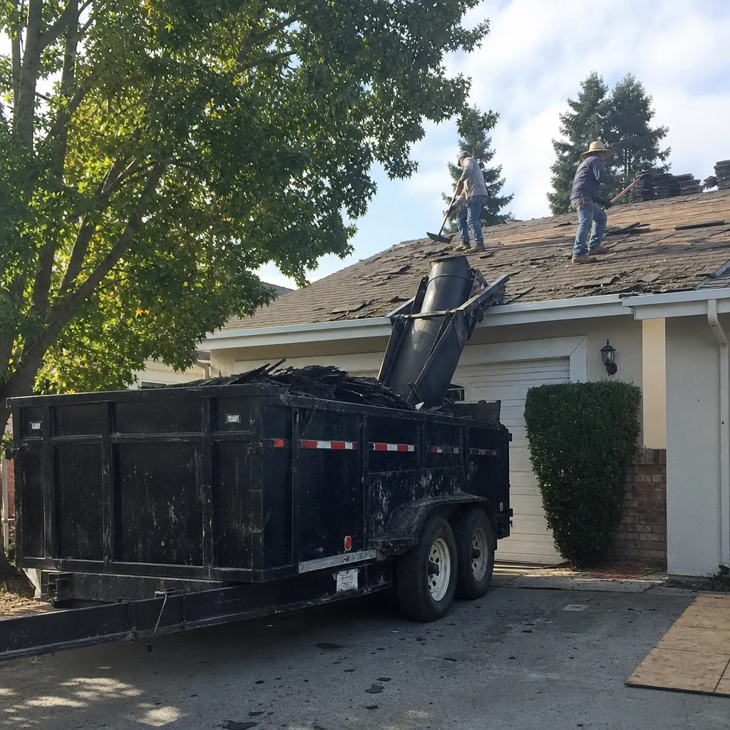Roofers removing old shingles with a debris chute into a dumpster trailer
