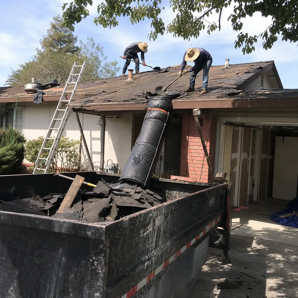 Roofers removing old shingles into a disposal chute from a roof