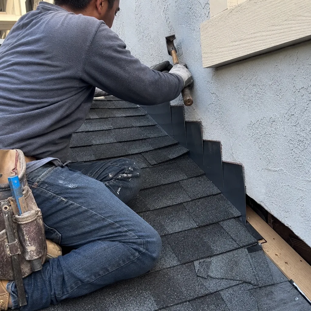 Professional roofer installing step flashing on a residential roof